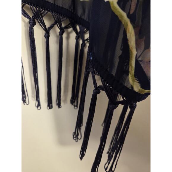 Carmen XL Marc Valvo Kimono Tied Topper Black Floral Hummingbird Fringed Boho - Picture 6 of 9